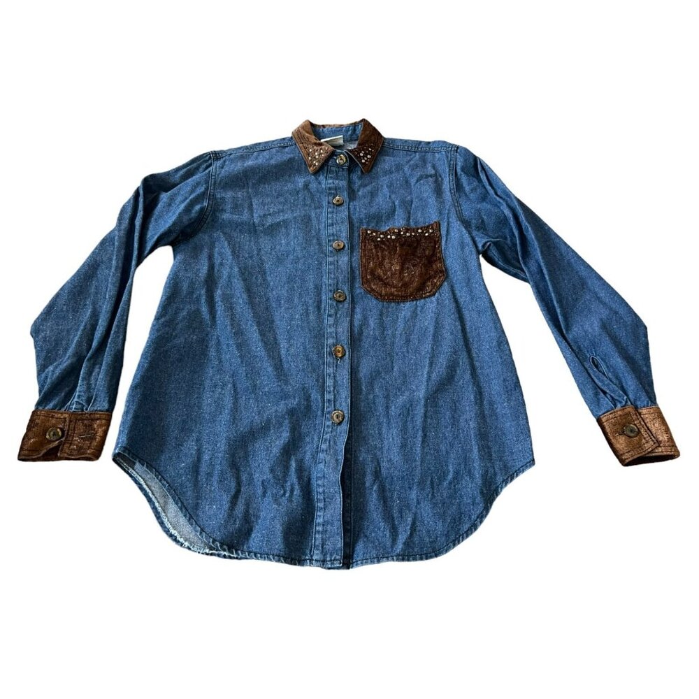 Monique Jeans Womens Button Up Shirt Blue‎ Brown Size 8 Sequin Long Sleeve